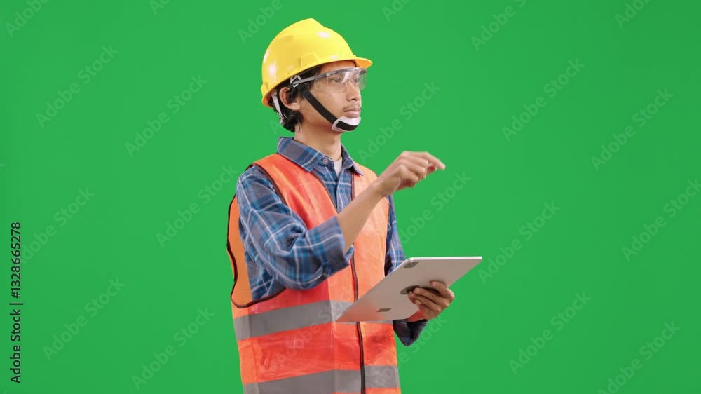 Innovative engineer engaging with an invisible touchscreen over a green screen background. Performing swiping and tapping gestures. Greenscreen, motion, UI, business, future Innovative engineer engaging with an invisible touchscreen over a green screen background. Performing swiping and tapping gestures. Greenscreen, motion, UI, business, future
