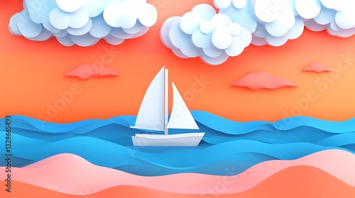 Sailboat sailing on ocean waves, with cloudy sky for holiday travel poster