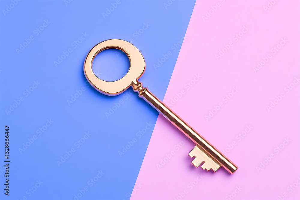A rose gold skeleton key rests on a split blue and pink background A rose gold skeleton key rests on a split blue and pink background