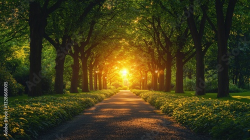 Golden Hour Pathway: A Serene Stroll Through Sun-Dappled Trees