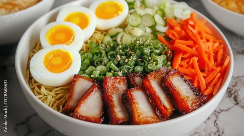 Noodle bowl with egg, pork, carrots, and green onions in white bowl