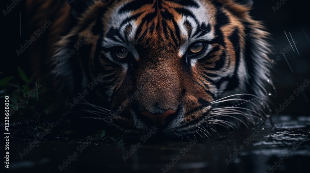 Fototapeta premium Tiger in Rain, Nocturnal, Dark Forest