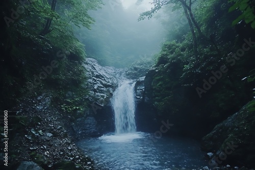 Waterfall cascades in forest scene, water flowing, mist background, nature travel backdrop