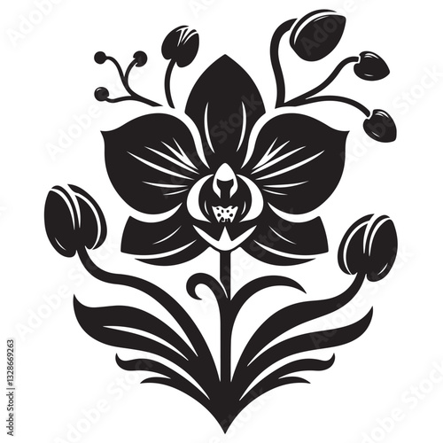 Vector Black Silhouette Orchid Flowers illustration,orchid pattern,simple modern botanical design in white background 3