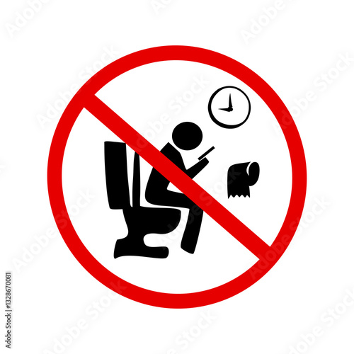 No phone use on the toilet sign. Black pictogram of a person sitting on a toilet using a smartphone, crossed out with a red prohibition circle. Vector illustration, isolated on white.