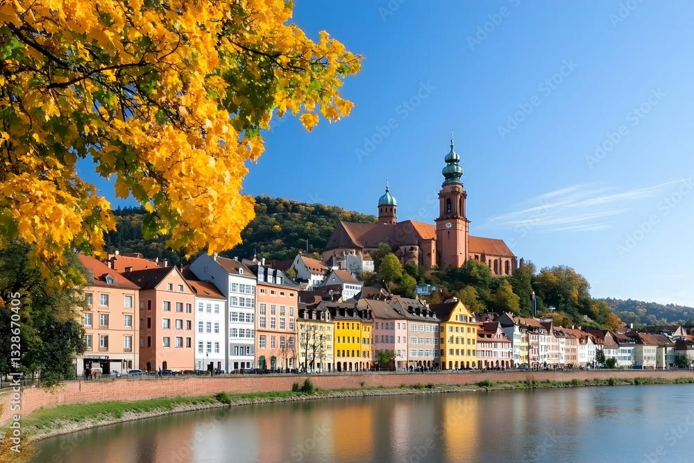 Obraz premium Colorful riverside town with autumn foliage and church