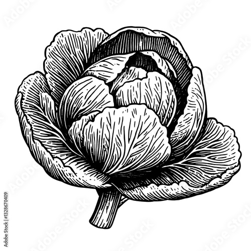 Intricate engraved illustration of a cabbage for tattoo design and packaging inspiration