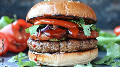 Juicy burger with tomatoes, lettuce, and sesame bun, a flavorful culinary treat