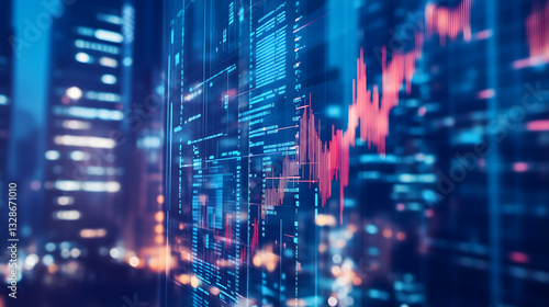 Multi exposure of virtual abstract financial graph interface on blurry contemporary office building background, financial and trading concept