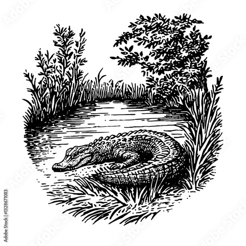Engraved vector illustration of an alligator resting by a serene pond surrounded by lush vegetation