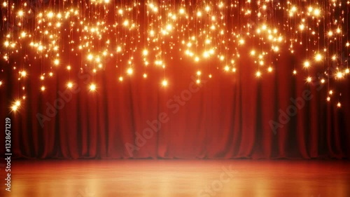 Stage opening golden stage glitter with spotlights and luxury gold on red. Particle luxury for ceremony background