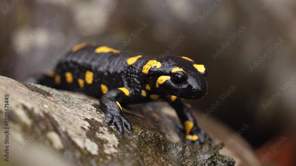 A black and yellow fire salamander sits on a damp rock in the forest, showcasing its vibrant markings. A rare amphibian in its natural habitat. 4k close up salamander video A black and yellow fire salamander sits on a damp rock in the forest, showcasing its vibrant markings. A rare amphibian in its natural habitat. 4k close up salamander video