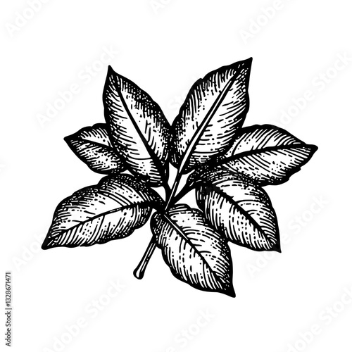 Engraved leaf illustration perfect for unique tattoo designs and creative packaging ideas in a botanical style