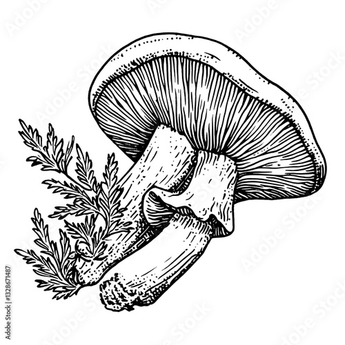 Engraved vector illustration of a mushroom and foliage for artistic tattoo designs and packaging inspiration