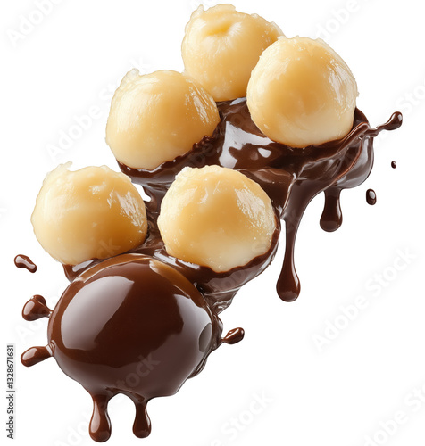 Delicious macadamia nuts coated in rich melted chocolate, creating tempting treat with glossy finish. Perfect for dessert lovers Isolated On Transparent Background