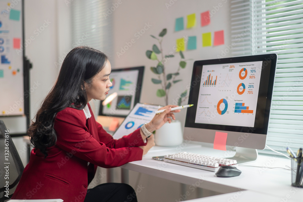 A woman in a red shirt is pointing at a computer monitor displaying graphs