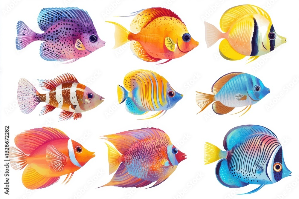 Naklejka premium Colorful marine fish illustrations ideal for underwater-themed decor and educational resources in ocean conservation and aquatic life programs