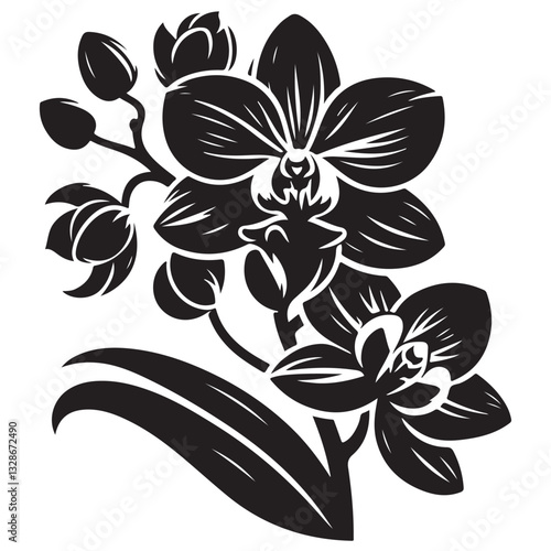 Vector Black Silhouette Orchid Flowers illustration,orchid pattern,simple modern botanical design in white background 22