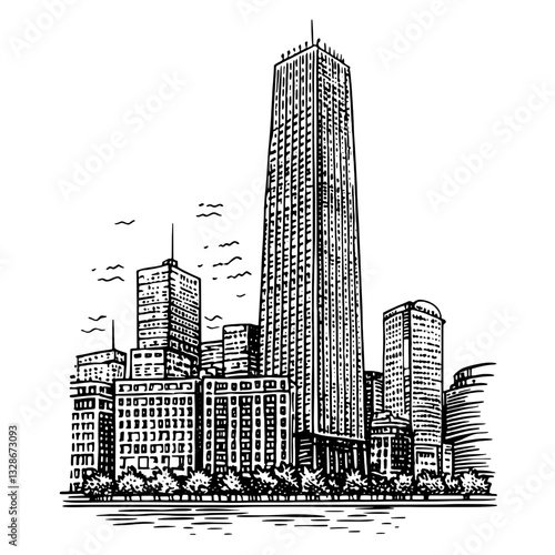 Artistic vector engraving of an urban skyline showcasing tall buildings and vibrant surroundings
