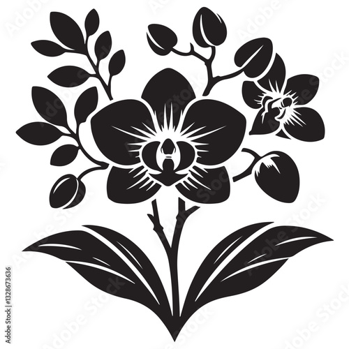 Vector Black Silhouette Orchid Flowers illustration,orchid pattern,simple modern botanical design in white background 30