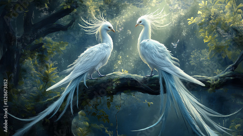 couple of fantasy birds in a forest background.