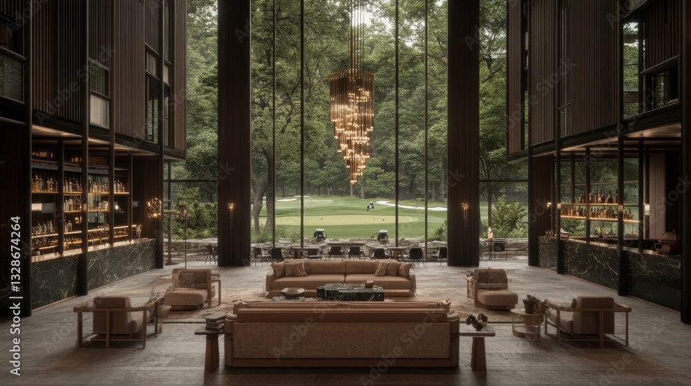 Luxury Hotel Lobby with Golf Course View and Chandelier Luxury Hotel Lobby with Golf Course View and Chandelier