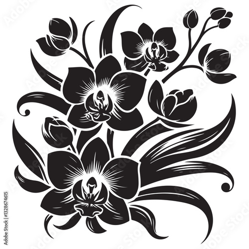 Vector Black Silhouette Orchid Flowers illustration,orchid pattern,simple modern botanical design in white background 38