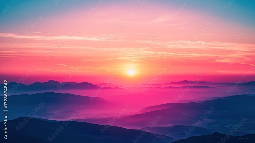 Obraz premium Sunrise over Misty Mountain Range.