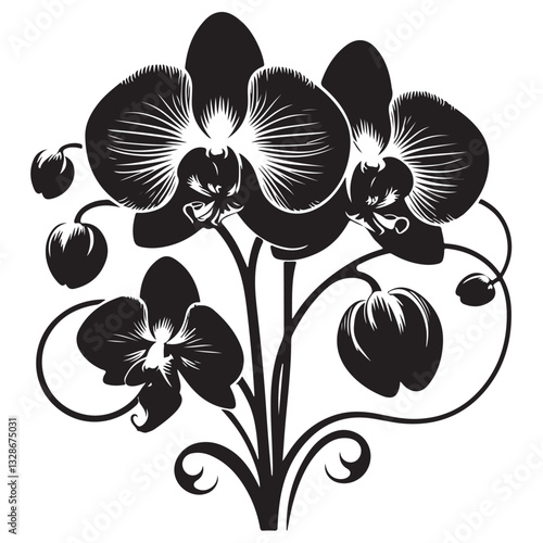 Vector Black Silhouette Orchid Flowers illustration,orchid pattern,simple modern botanical design in white background 42