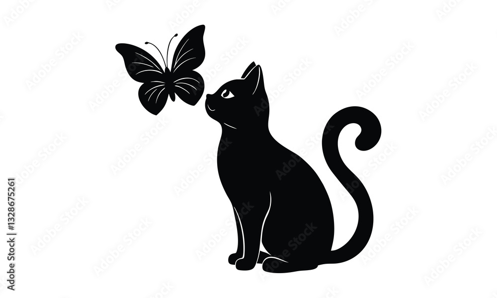 Fototapeta premium Black Cat Sees Butterfly Friend