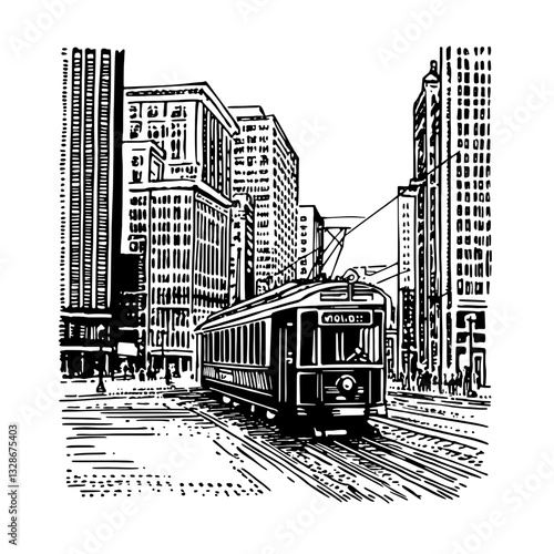 Engraved vector illustration of a vintage streetcar passing through a bustling urban landscape