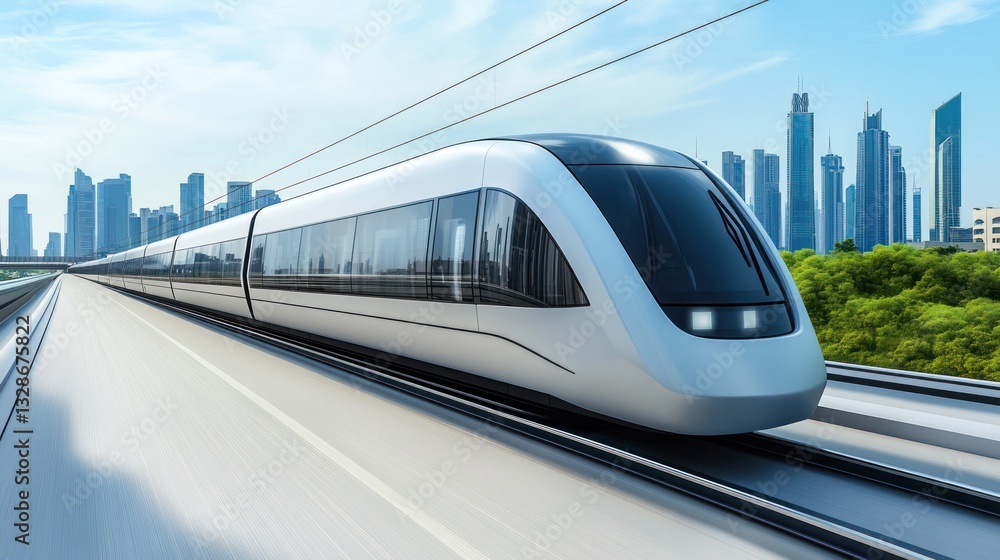 Naklejka premium Futuristic train glides through modern city skyline