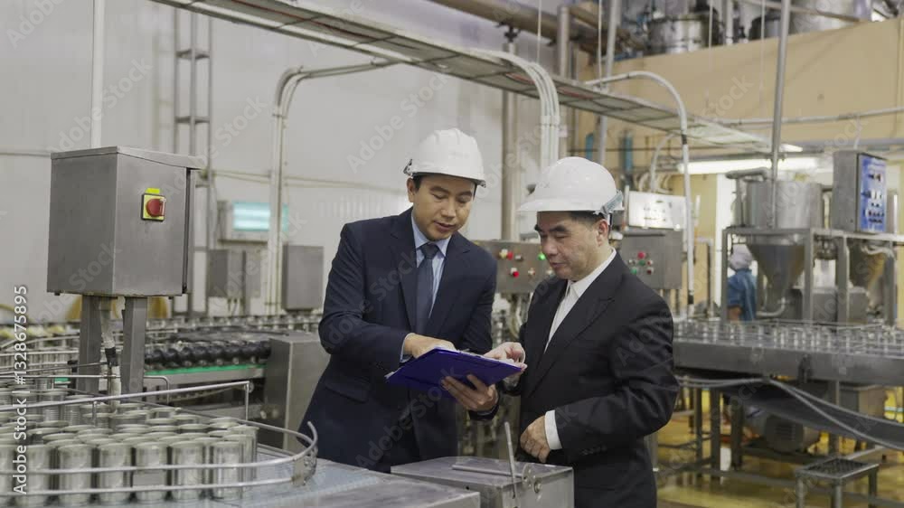 The manager, wearing a suit, inspects the factory. The manager, wearing a suit, inspects the factory.