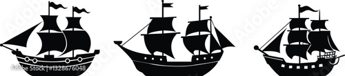Pirate ship icon set.Historic sailing ship navigating through stormy ocean water.Ship silhouette line art illustration.