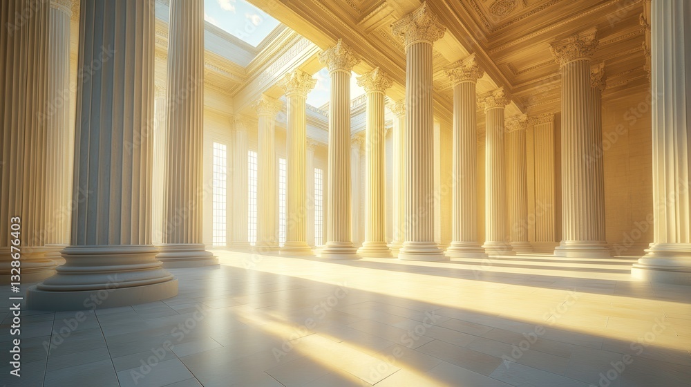 Fototapeta premium Majestic sunlit temple interior ancient structure architectural photography serene atmosphere wide angle view