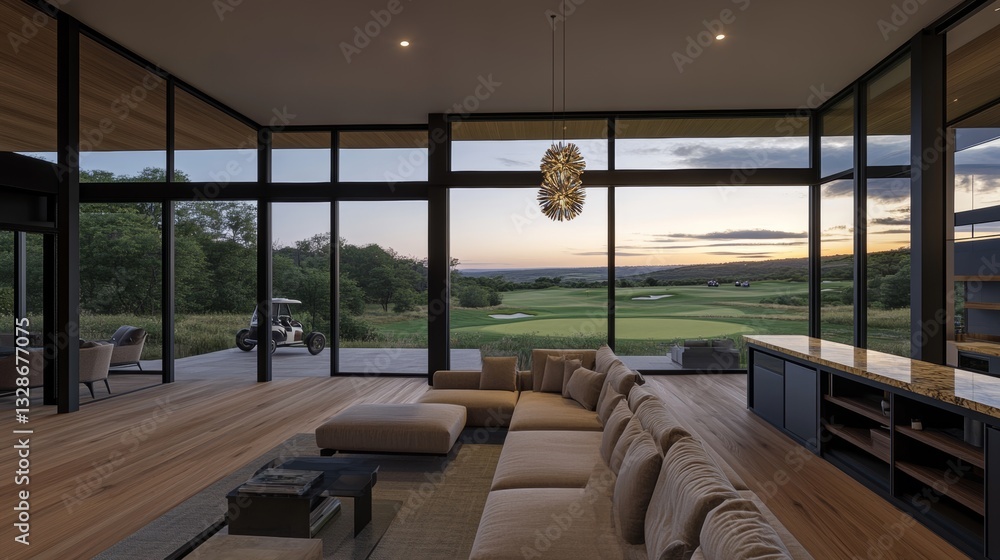 Fototapeta premium Modern Living Room with Golf Course Sunset View