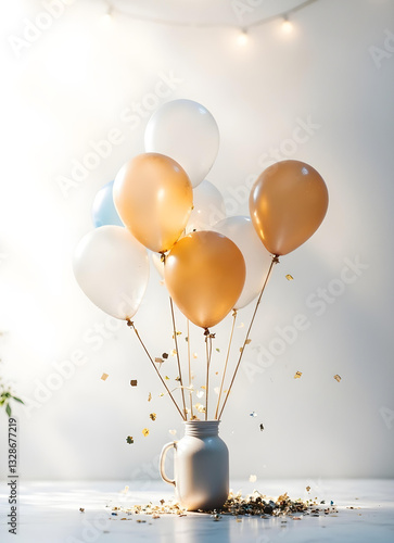 Obraz na płótnie Mug with balloons and confetti on a white background in rustic style w salonie