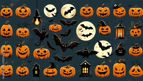 halloween pumkins and bat collection vector illustration