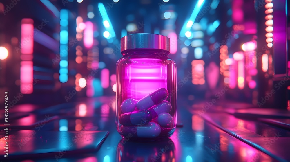 Futuristic neon pill bottle in a city landscape Futuristic neon pill bottle in a city landscape