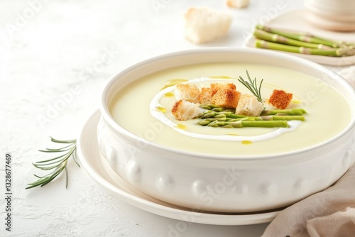 Creamy Asparagus Soup Served in a White Bowl With Croutons and Fresh Asparagus Garnish