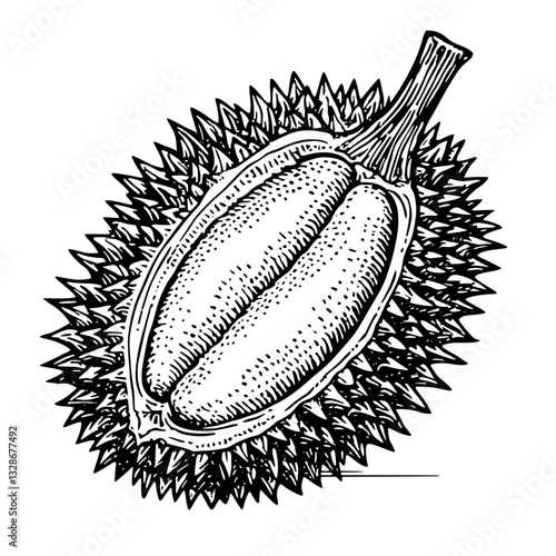 Intricate engraved illustration of a durian fruit showcasing its unique texture and internal structure for artistic and packaging designs