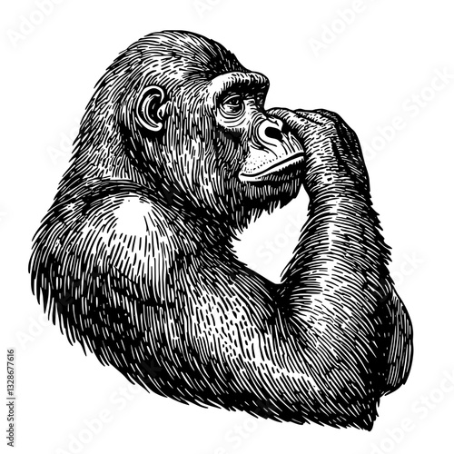 Engraved vector illustration of a thoughtful gorilla reflecting on nature and existence