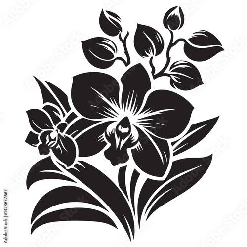Vector Black Silhouette Orchid Flowers illustration,orchid pattern,simple modern botanical design in white background 62