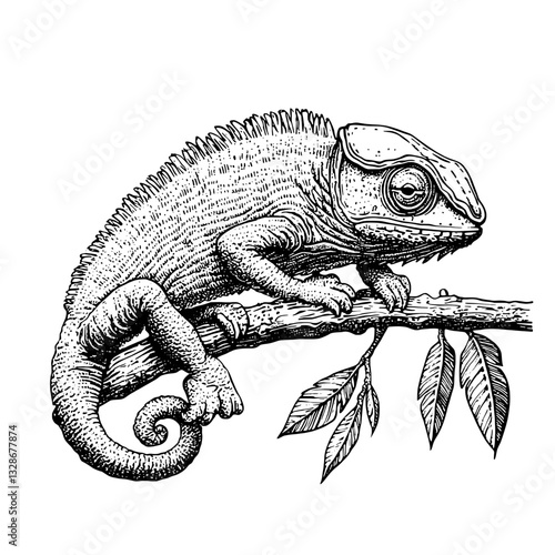 Engraved vector illustration of a chameleon perched on a branch among leaves, perfect for tattoo and packaging design