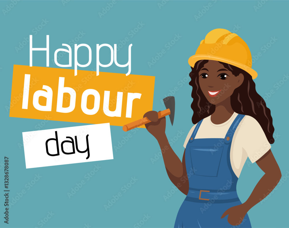Happy labour day. Vector postcard with text and African woman worker in helmet with hammer. Diversity of workers. Banner with Black woman builder in flat style Happy labour day. Vector postcard with text and African woman worker in helmet with hammer. Diversity of workers. Banner with Black woman builder in flat style