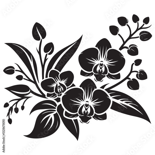 Vector Black Silhouette Orchid Flowers illustration,orchid pattern,simple modern botanical design in white background 64