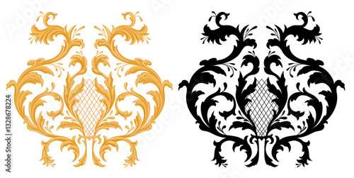 Vector set of golden and black vintage floral elements. Baroque collection of floral flourish isolated from background. Luxury filigree floral clip arts for cards and stickers