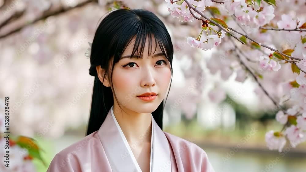 Serene woman in traditional attire under cherry blossoms with gentle breeze Serene woman in traditional attire under cherry blossoms with gentle breeze