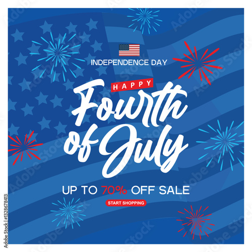 US Independence Day sales promotion advertising banner with fireworks and the American flag.