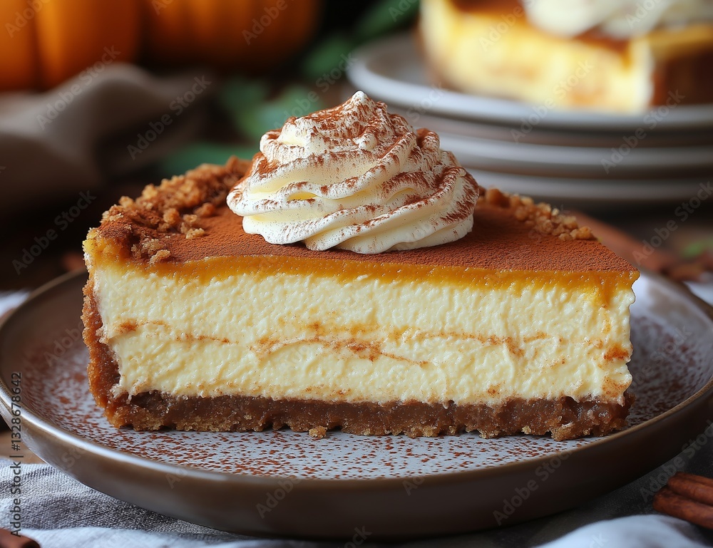 Delicious Pumpkin Cheesecake Slice with Whipped Cream. Generative AI Delicious Pumpkin Cheesecake Slice with Whipped Cream. Generative AI